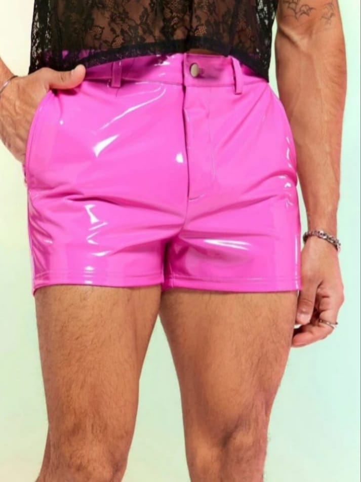 Men's Solid PU Leather Pink Shorts